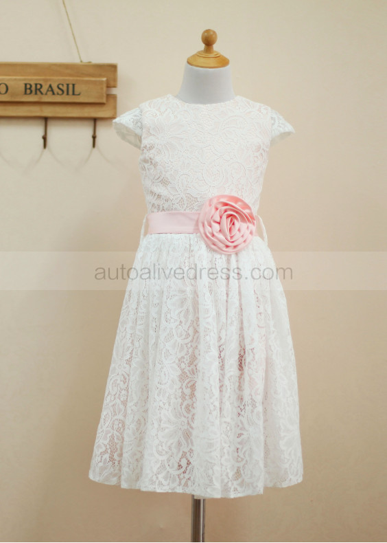 Cap Sleeves Ivory Lace Pink Lining Flower Girl Dress With Flower Sash